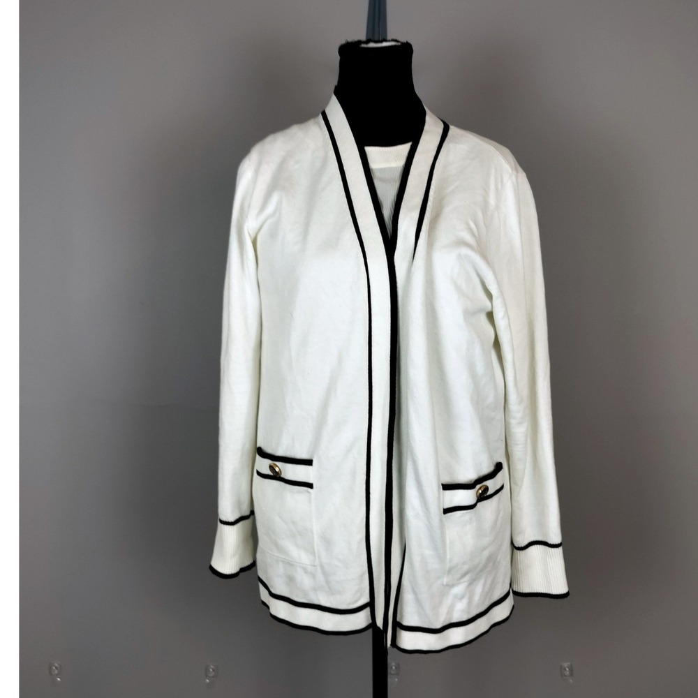 Essentials Milano Rayon Blend Contrast Trim Cardigan Womens Large‎ White Black